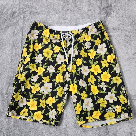 Stussy Board Shorts Mens 32 Green Floral Hawaiian 10"‎ Inseam Cargo Pocket - Picture 1 of 12